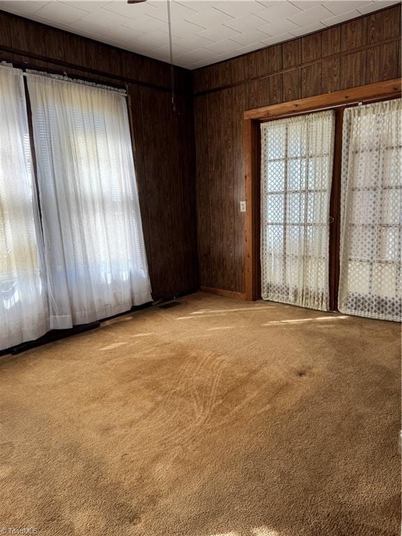 carpeted empty room with wood walls