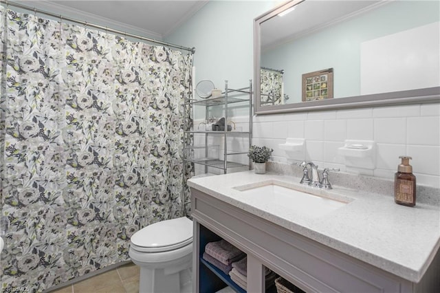 full bathroom with ornamental molding, tile walls, toilet, and vanity