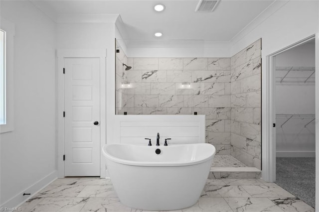 bathroom featuring crown molding and independent shower and bath