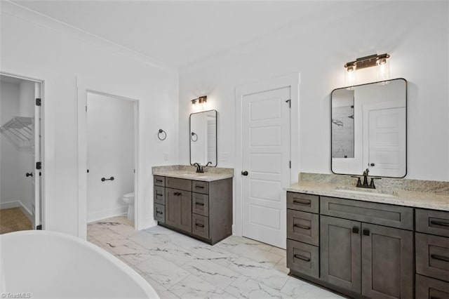 bathroom featuring toilet, a tub to relax in, and vanity