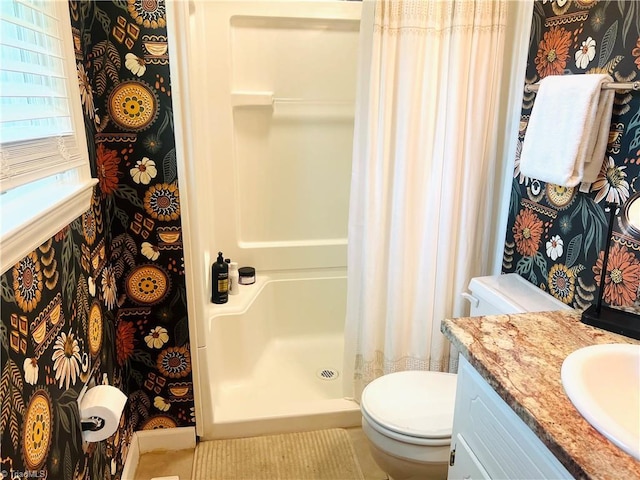 216 E Devon Dr, Mount Airy, NC 27030 - full bathroom with toilet, a shower stall, vanity, and wallpapered walls