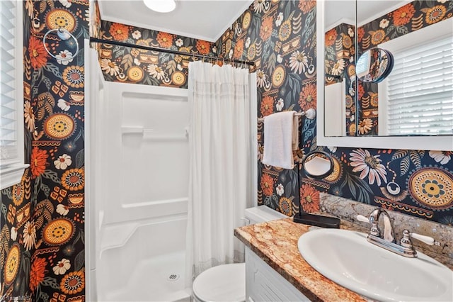 216 E Devon Dr, Mount Airy, NC 27030 - bathroom with wallpapered walls, ornamental molding, vanity, and a shower stall