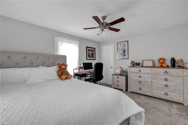 bedroom featuring ceiling fan and light colored carpet