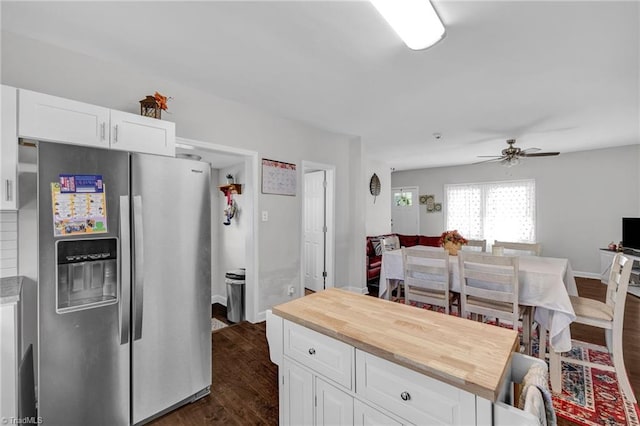 kitchen featuring white cabinets, ceiling fan, dark hardwood / wood-style floors, wood counters, and stainless steel fridge with ice dispenser