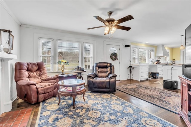 living room featuring sink, crown molding, dark wood-type flooring, and ceiling fan