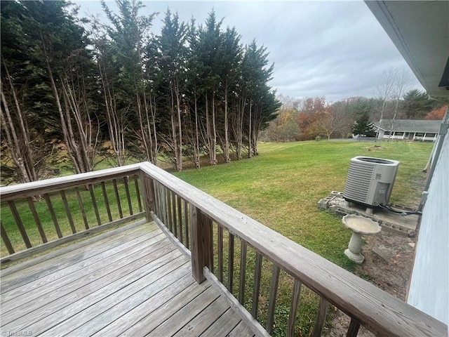 wooden deck with central air condition unit and a lawn