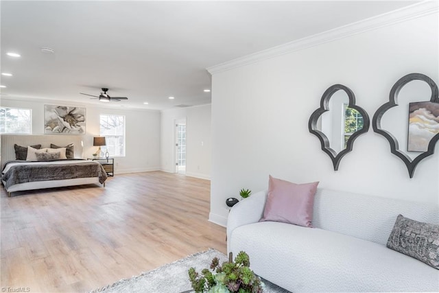 4114 Rose Lake Dr, Greensboro, NC 27407 - bedroom with multiple windows, ceiling fan, light hardwood / wood-style floors, and ornamental molding