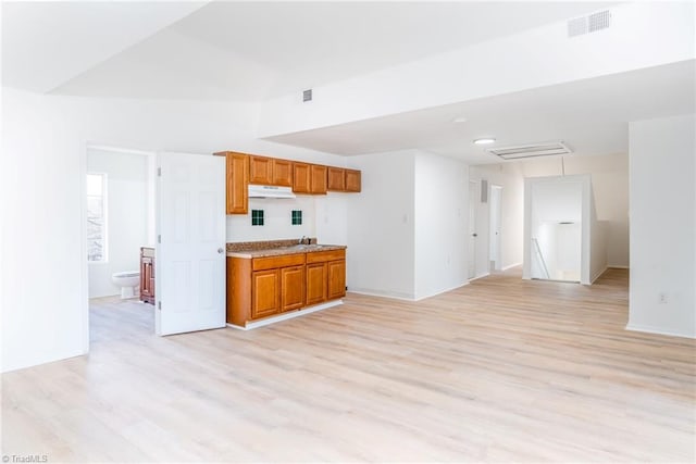 4114 Rose Lake Dr, Greensboro, NC 27407 - kitchen featuring lofted ceiling, light wood-type flooring, and sink