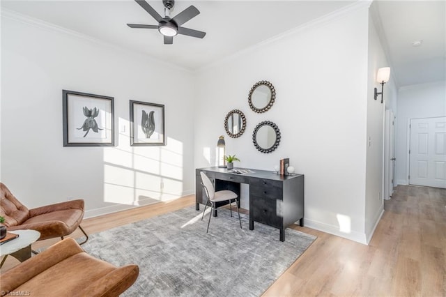 4114 Rose Lake Dr, Greensboro, NC 27407 - office featuring light hardwood / wood-style flooring, ceiling fan, and ornamental molding