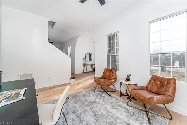 4114 Rose Lake Dr, Greensboro, NC 27407 - sitting room featuring ceiling fan, hardwood / wood-style floors, and ornamental molding