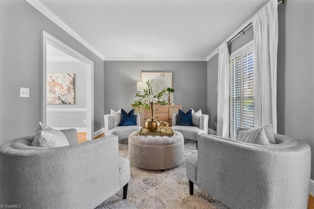 living room featuring baseboards and ornamental molding