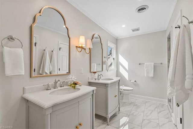 full bath featuring a sink, visible vents, marble finish floor, and ornamental molding