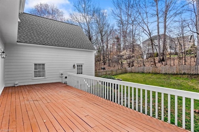 wooden deck featuring a lawn and fence