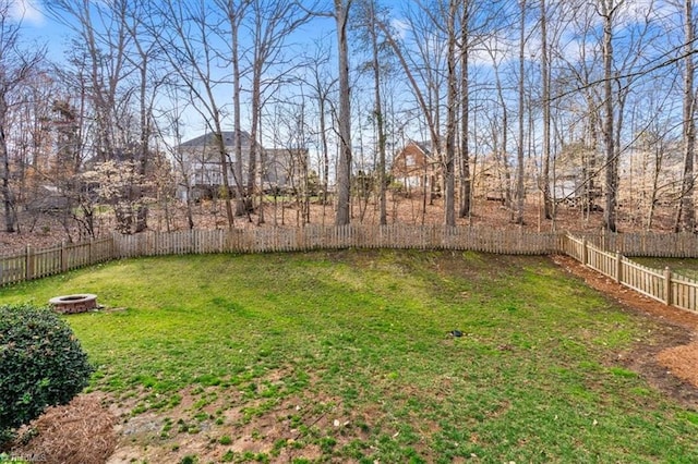 view of yard featuring a fire pit and a fenced backyard