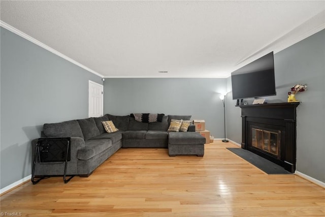 living room featuring crown molding and light hardwood / wood-style floors