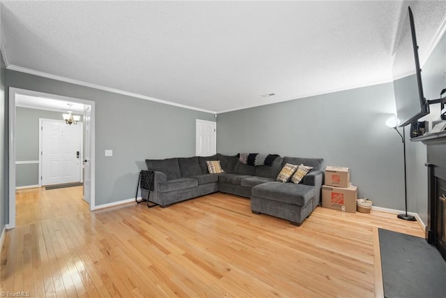 living room with crown molding, hardwood / wood-style floors, and a textured ceiling