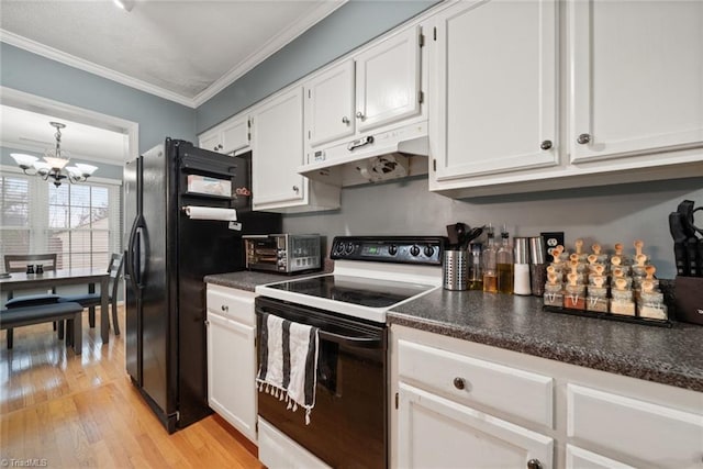 kitchen with white cabinetry, white range with electric stovetop, light hardwood / wood-style floors, black refrigerator, and ornamental molding