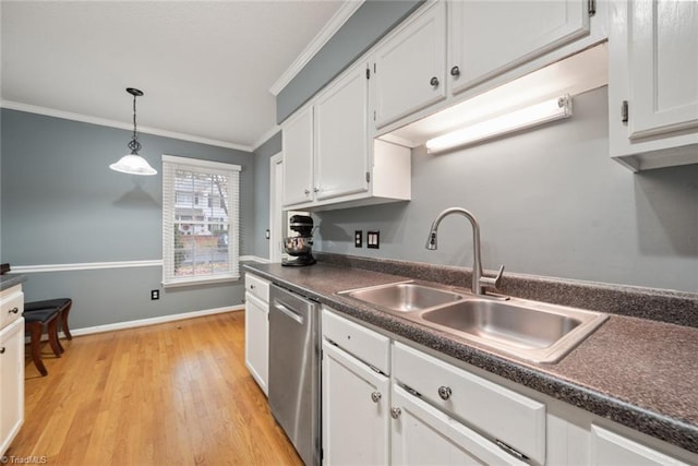 kitchen featuring sink, stainless steel dishwasher, crown molding, white cabinets, and light wood-type flooring