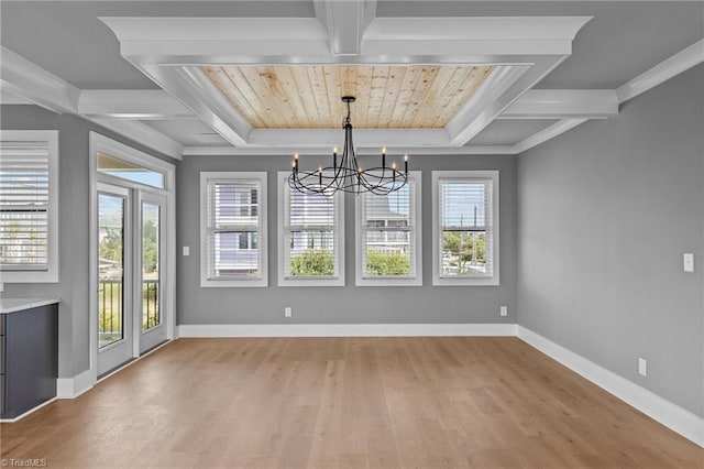 unfurnished dining area featuring light hardwood / wood-style floors, a notable chandelier, beam ceiling, and wooden ceiling