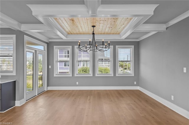 101 Melanie St, Emerald Isle, NC 28594 - unfurnished dining area featuring ornamental molding, light wood finished floors, an inviting chandelier, wood ceiling, and baseboards