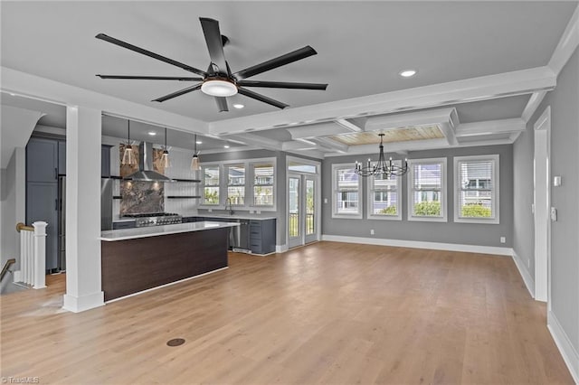101 Melanie St, Emerald Isle, NC 28594 - unfurnished living room featuring coffered ceiling, light wood-type flooring, baseboards, and recessed lighting