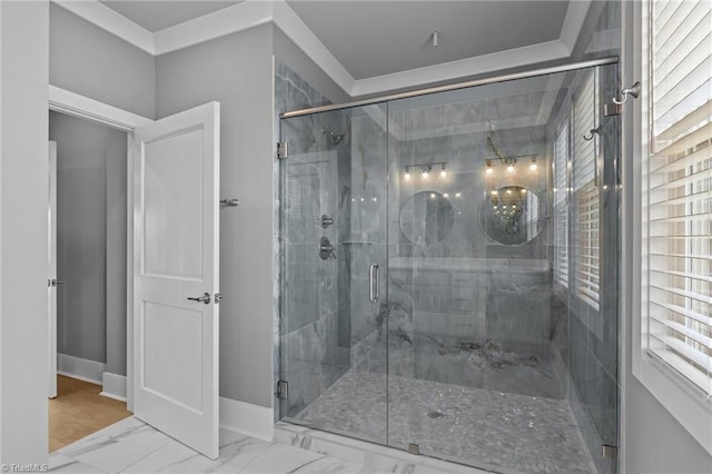 101 Melanie St, Emerald Isle, NC 28594 - bathroom with a stall shower, baseboards, and marble finish floor