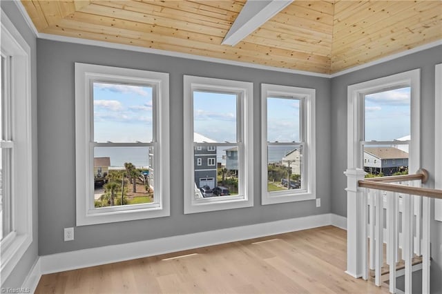 unfurnished sunroom featuring a wealth of natural light, vaulted ceiling, and wooden ceiling