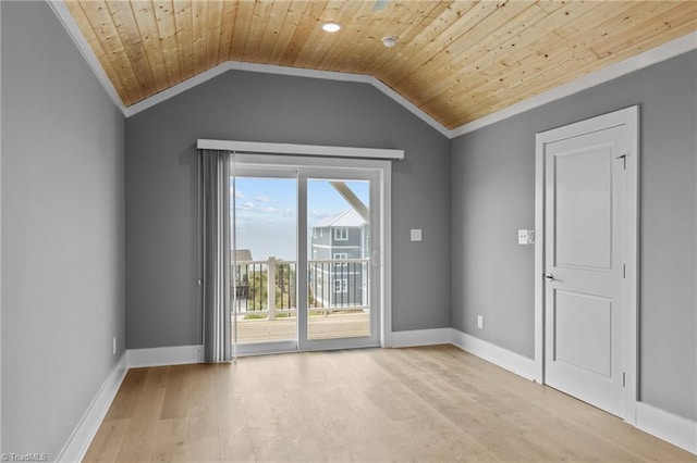 101 Melanie St, Emerald Isle, NC 28594 - unfurnished room with wood ceiling, crown molding, baseboards, light wood-style floors, and vaulted ceiling