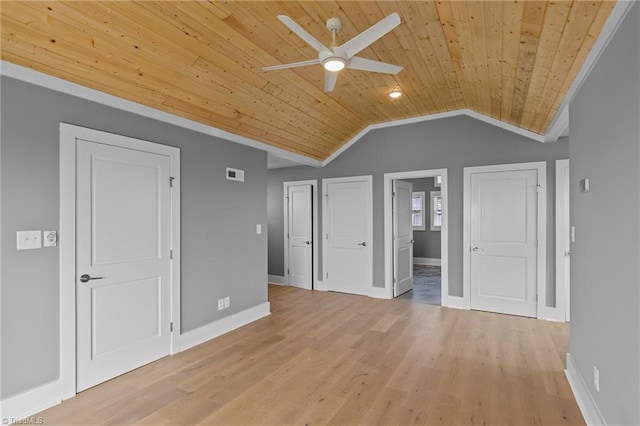 empty room with wood ceiling, vaulted ceiling, light hardwood / wood-style floors, and ceiling fan