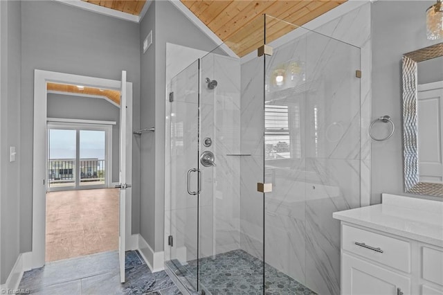 bathroom featuring walk in shower, wooden ceiling, lofted ceiling, and vanity