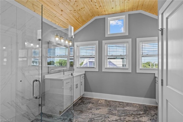 101 Melanie St, Emerald Isle, NC 28594 - bathroom featuring lofted ceiling, marble finish floor, vanity, a marble finish shower, and wood ceiling