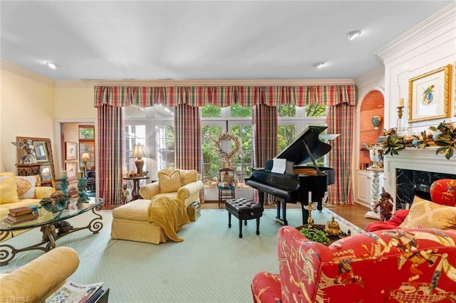 2792 Fieldwood Ct, Winston-Salem, NC 27106 - living room with crown molding, a premium fireplace, and carpet floors