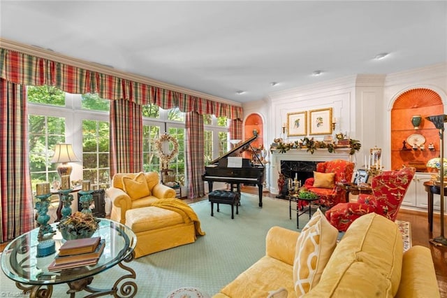 2792 Fieldwood Ct, Winston-Salem, NC 27106 - carpeted living room with crown molding and a premium fireplace