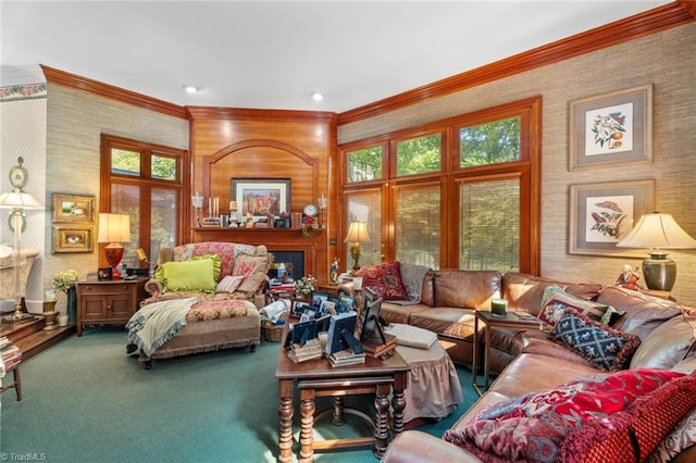 2792 Fieldwood Ct, Winston-Salem, NC 27106 - carpeted living area featuring plenty of natural light, crown molding, and wallpapered walls