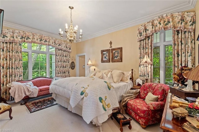 2792 Fieldwood Ct, Winston-Salem, NC 27106 - bedroom with a chandelier, carpet floors, and crown molding