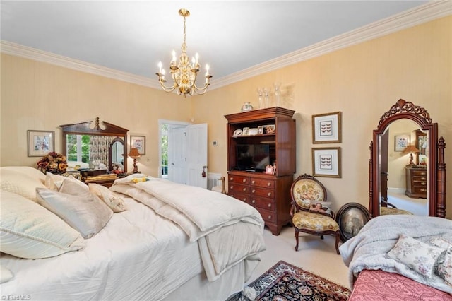 2792 Fieldwood Ct, Winston-Salem, NC 27106 - carpeted bedroom featuring a chandelier and ornamental molding