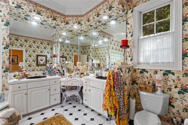 2792 Fieldwood Ct, Winston-Salem, NC 27106 - bathroom with wallpapered walls, crown molding, vanity, and healthy amount of natural light