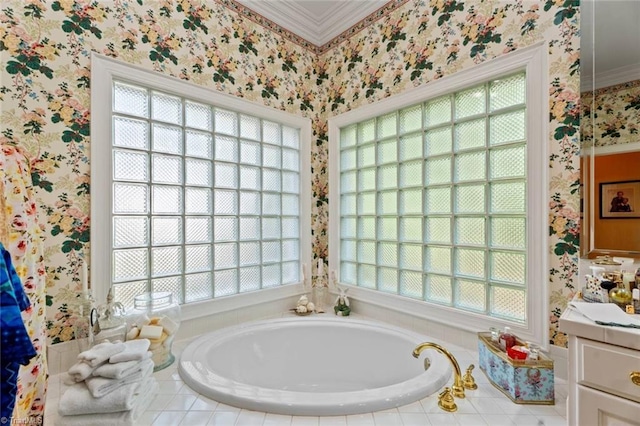 2792 Fieldwood Ct, Winston-Salem, NC 27106 - full bathroom with wallpapered walls, a garden tub, healthy amount of natural light, crown molding, and vanity