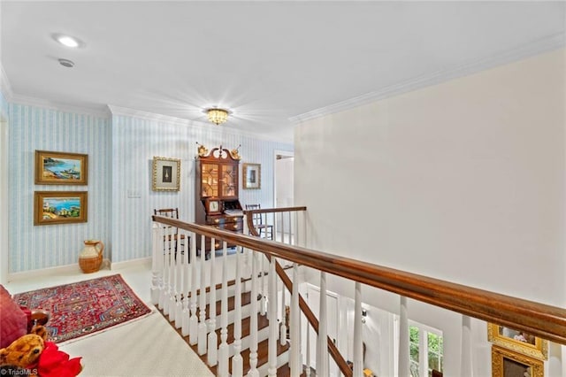 2792 Fieldwood Ct, Winston-Salem, NC 27106 - hallway with an upstairs landing, ornamental molding, and wallpapered walls