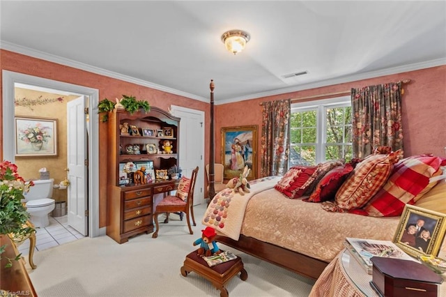 2792 Fieldwood Ct, Winston-Salem, NC 27106 - bedroom featuring crown molding, ensuite bath, and carpet floors