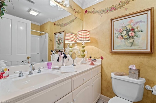 2792 Fieldwood Ct, Winston-Salem, NC 27106 - full bathroom featuring vanity, ornamental molding, and a shower