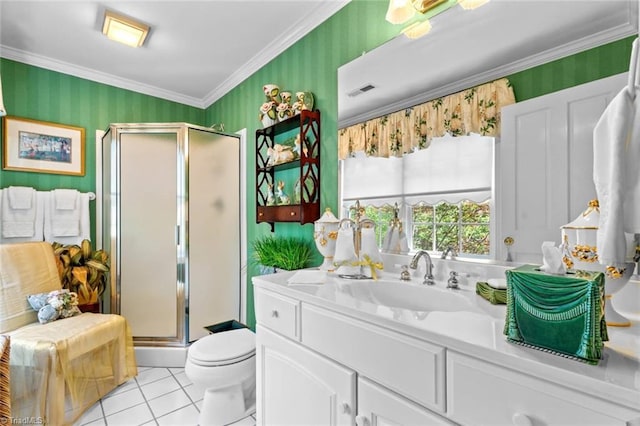 2792 Fieldwood Ct, Winston-Salem, NC 27106 - bathroom featuring wallpapered walls, vanity, a stall shower, ornamental molding, and tile patterned flooring