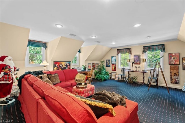 2792 Fieldwood Ct, Winston-Salem, NC 27106 - living area featuring carpet flooring, vaulted ceiling, and recessed lighting