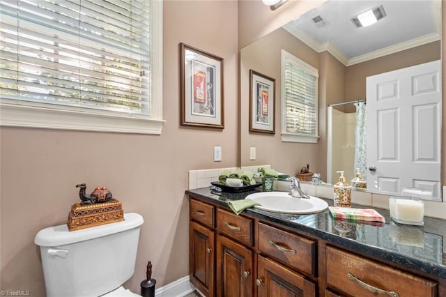 2792 Fieldwood Ct, Winston-Salem, NC 27106 - full bathroom featuring vanity, ornamental molding, and a shower with curtain