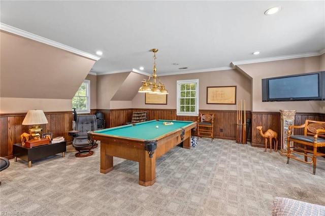 2792 Fieldwood Ct, Winston-Salem, NC 27106 - game room with carpet, a wainscoted wall, recessed lighting, billiards, and crown molding