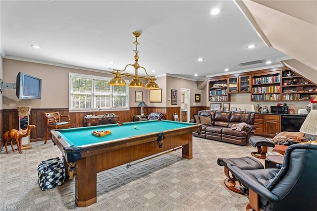 2792 Fieldwood Ct, Winston-Salem, NC 27106 - rec room with ornamental molding, light colored carpet, wainscoting, recessed lighting, and billiards table