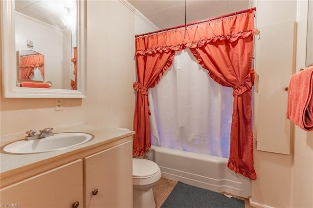 full bathroom with vanity, crown molding, shower / tub combo with curtain, and toilet