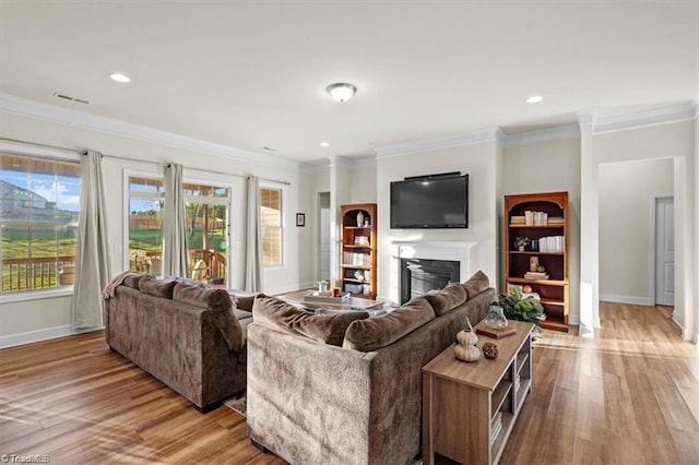 living room with light hardwood / wood-style flooring and ornamental molding