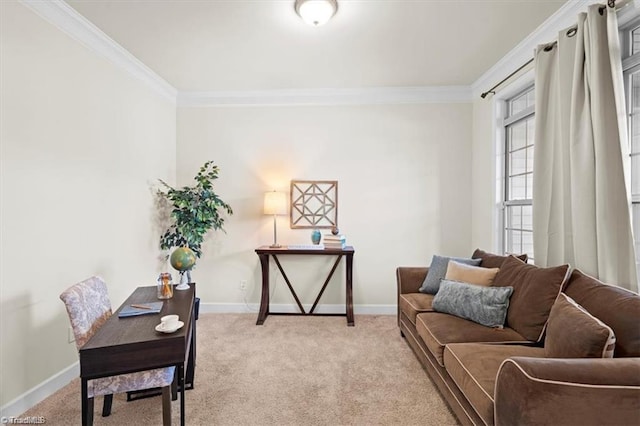 living room with light colored carpet and crown molding