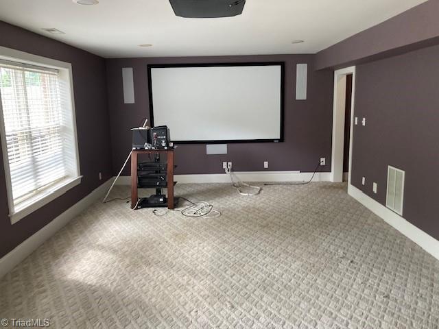 home theater featuring carpet floors